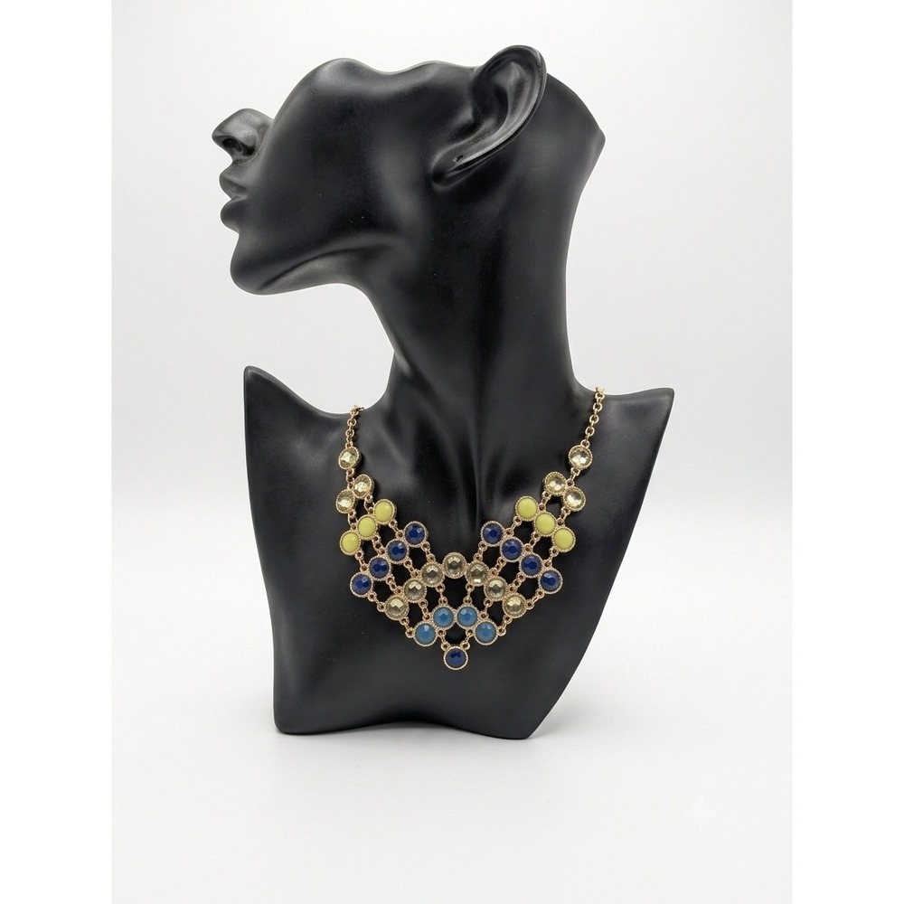 Gold Tone Blue and Lime Geometric Bib Statement Necklace
